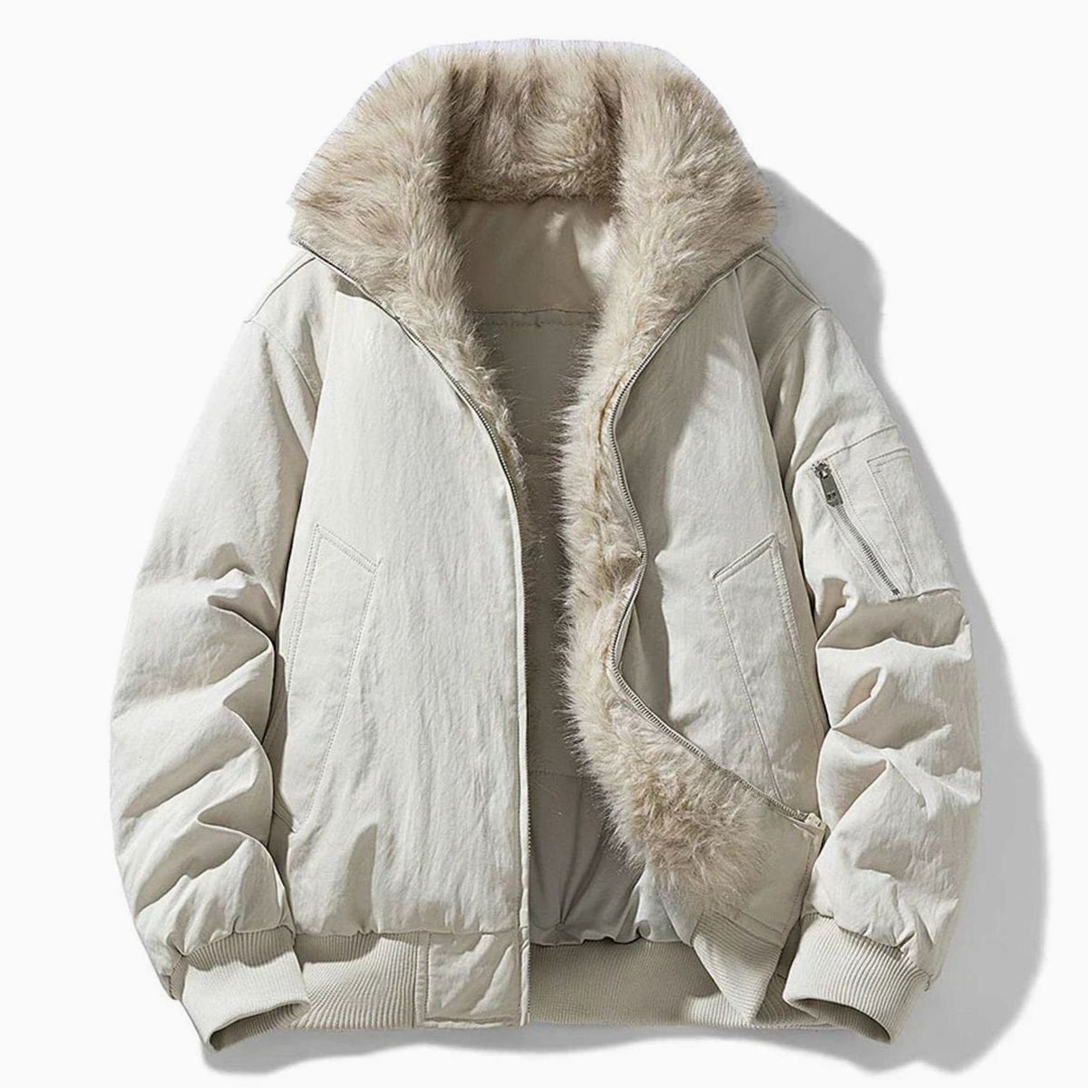 Men's Faux Fur Lined Wind-Resistant Zip-Up Bomber Jacket