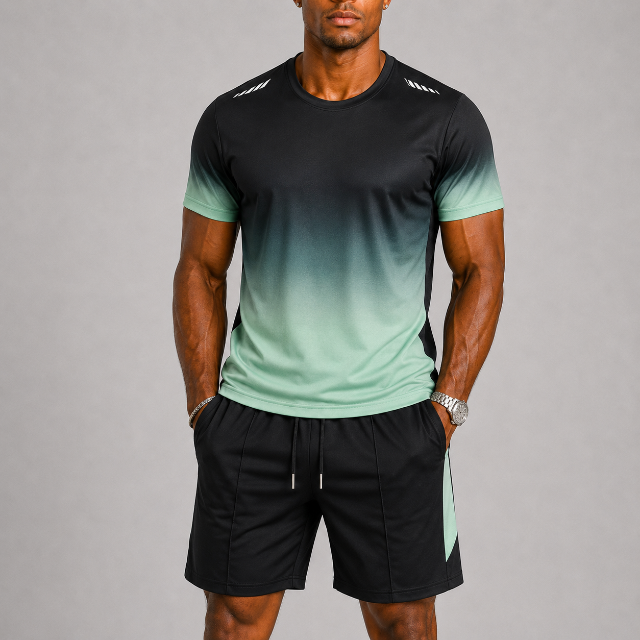 Men's Gradient Print T Shirt And Shorts Sports Set