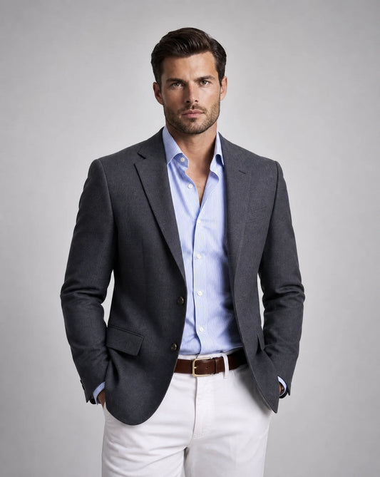 Men's grey knit blazer with notch lapel, soft stretch fabric, patch pockets and refined tailored silhouette by ILYNORA