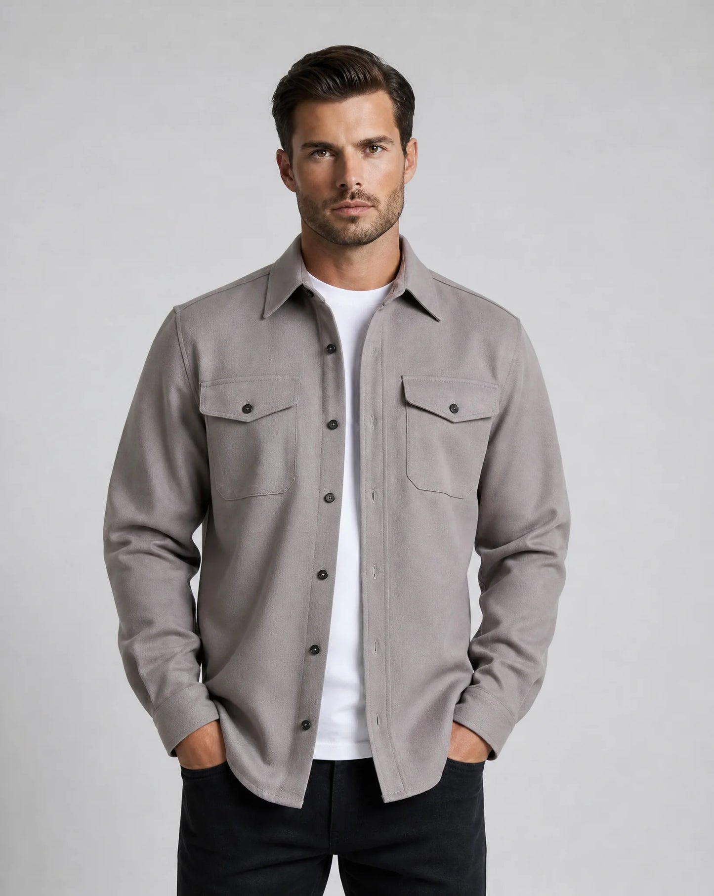 Men's grey overshirt jacket with button front, utility chest pockets and lightweight layering design for everyday wear by ILYNORA