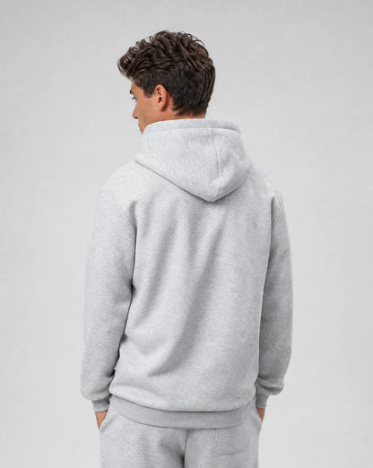 Men's light grey relaxed fit hoodie with brushed fleece lining, ribbed cuffs and back view by ILYNORA