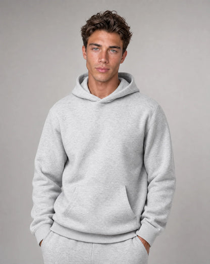 Men's grey relaxed fit hoodie with brushed fleece lining, crossover hood and kangaroo pocket by ILYNORA