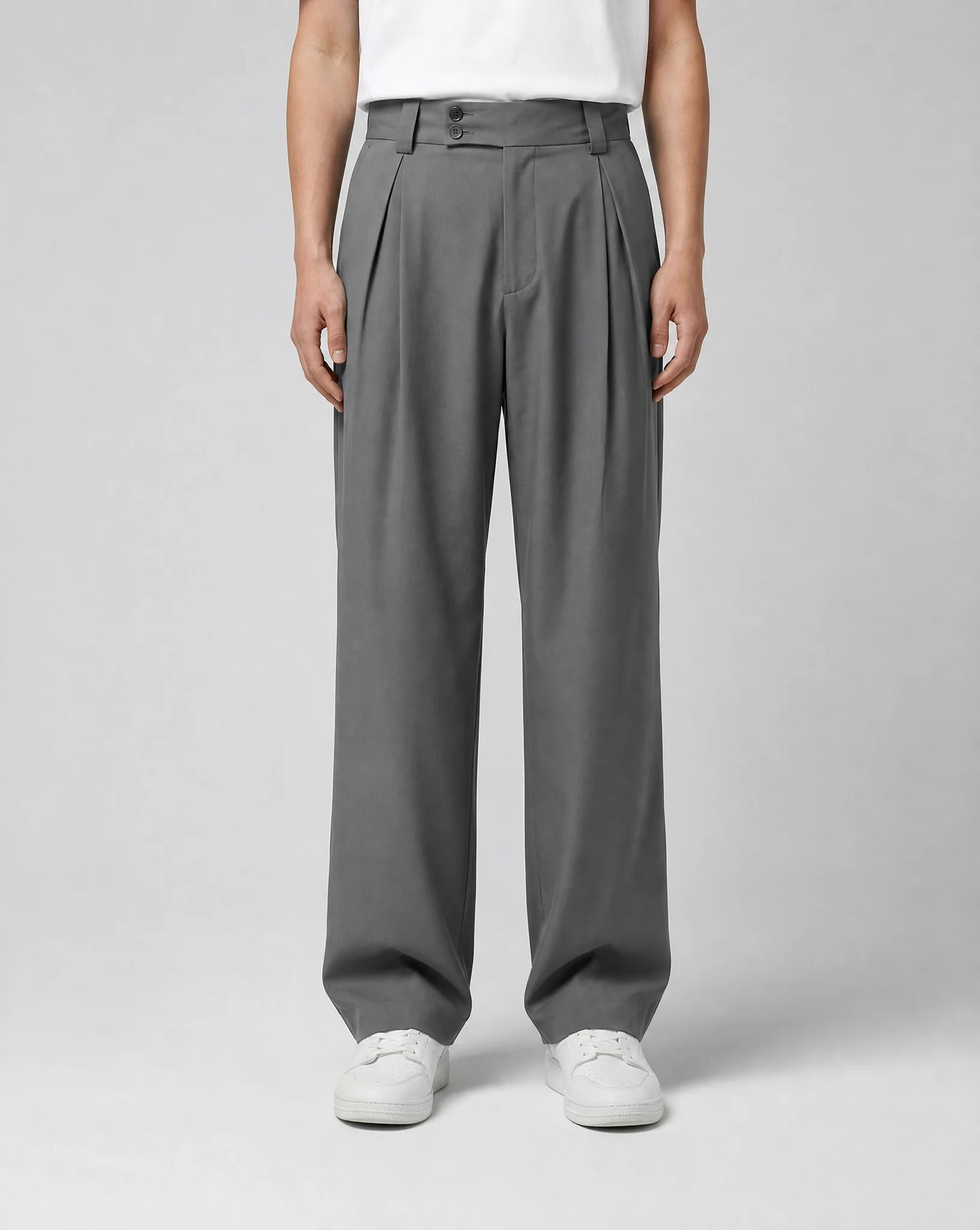 Men's grey wide leg pleated tailored trousers with high waist, double pleats and relaxed straight leg silhouette by ILYNORA