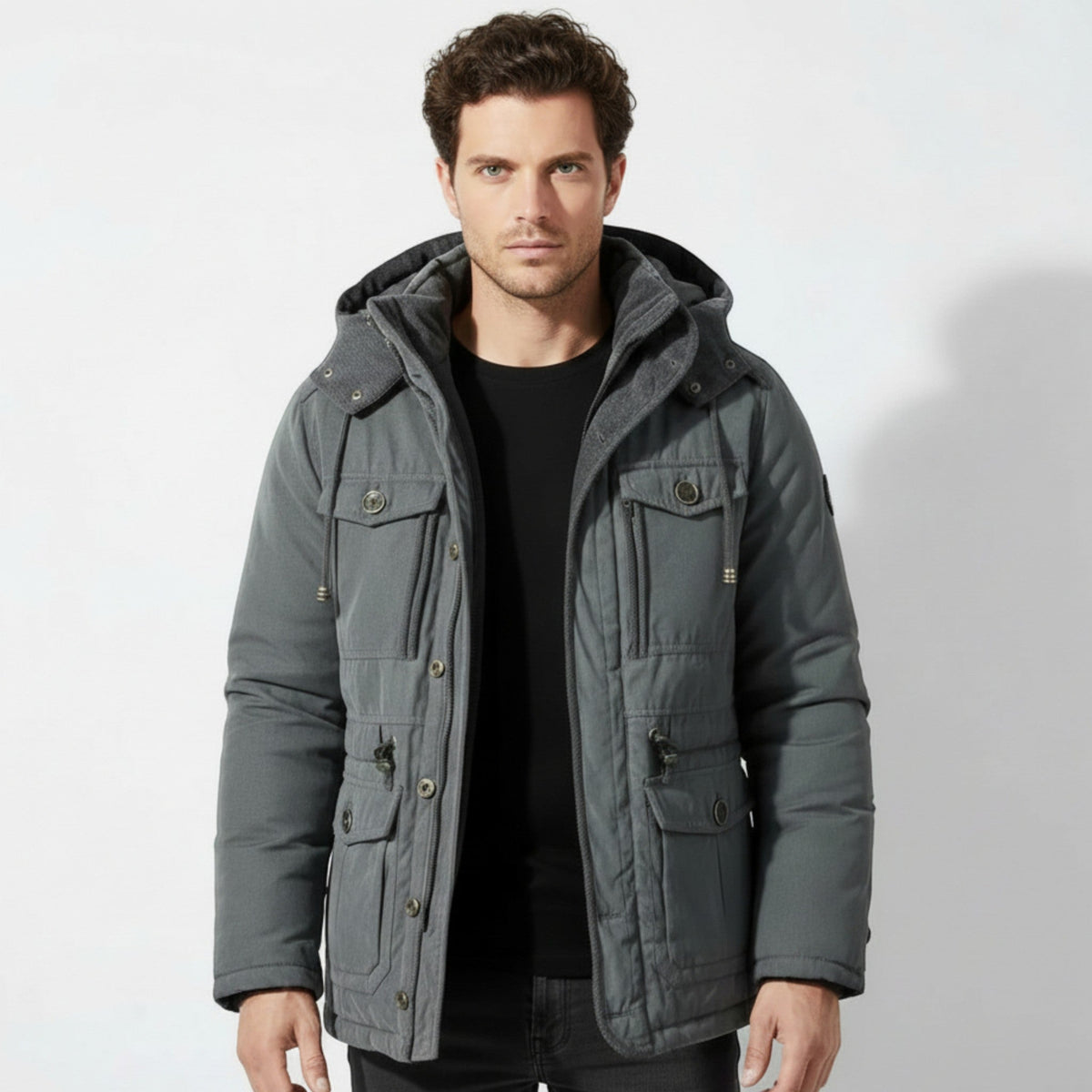 Men's Hooded Winter Parka with Multiple Pockets