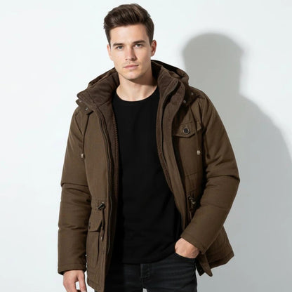 Men's Hooded Winter Parka with Multiple Pockets