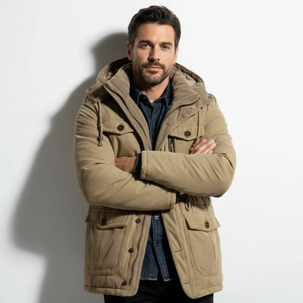 Men's Hooded Winter Parka with Multiple Pockets