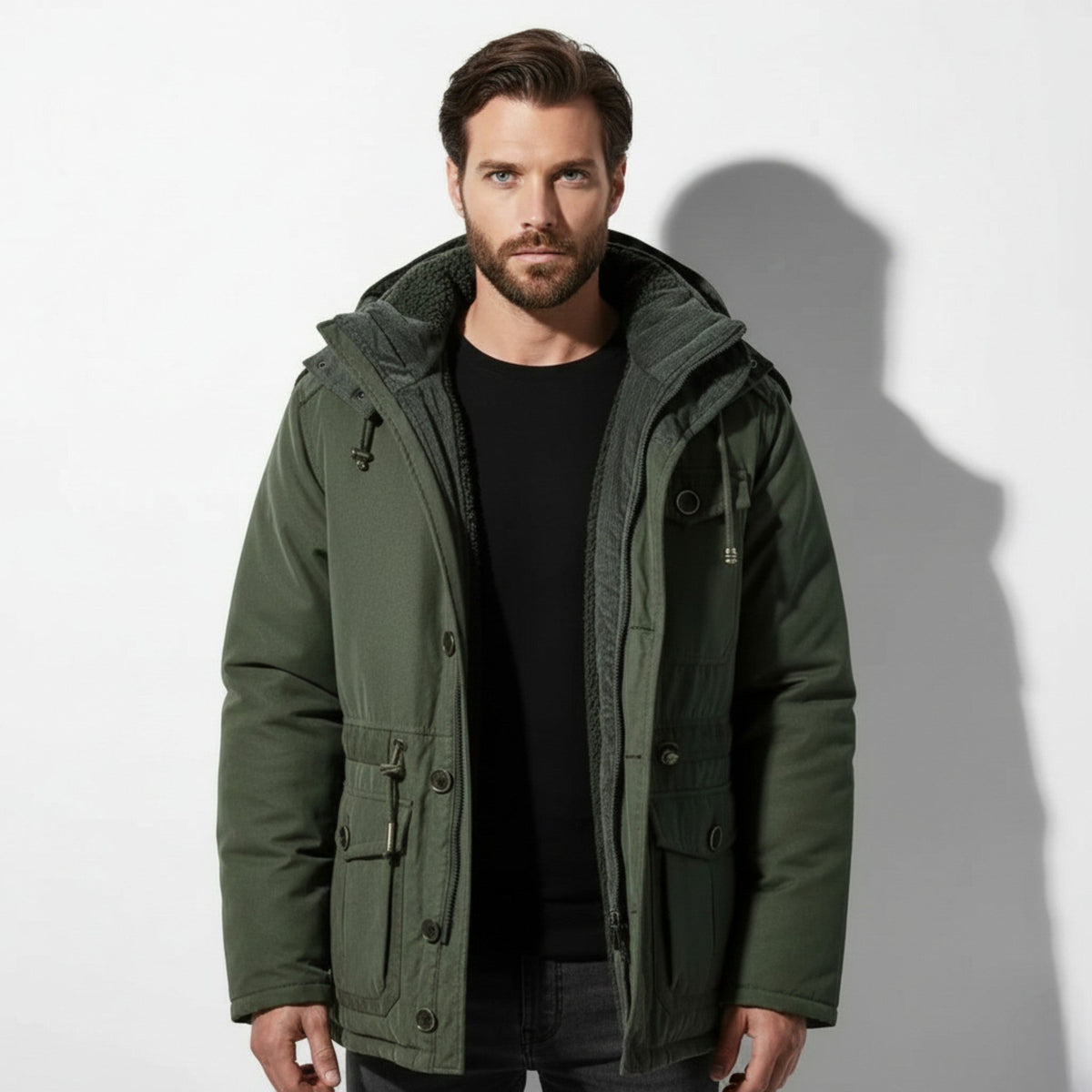 Men's Hooded Winter Parka with Multiple Pockets