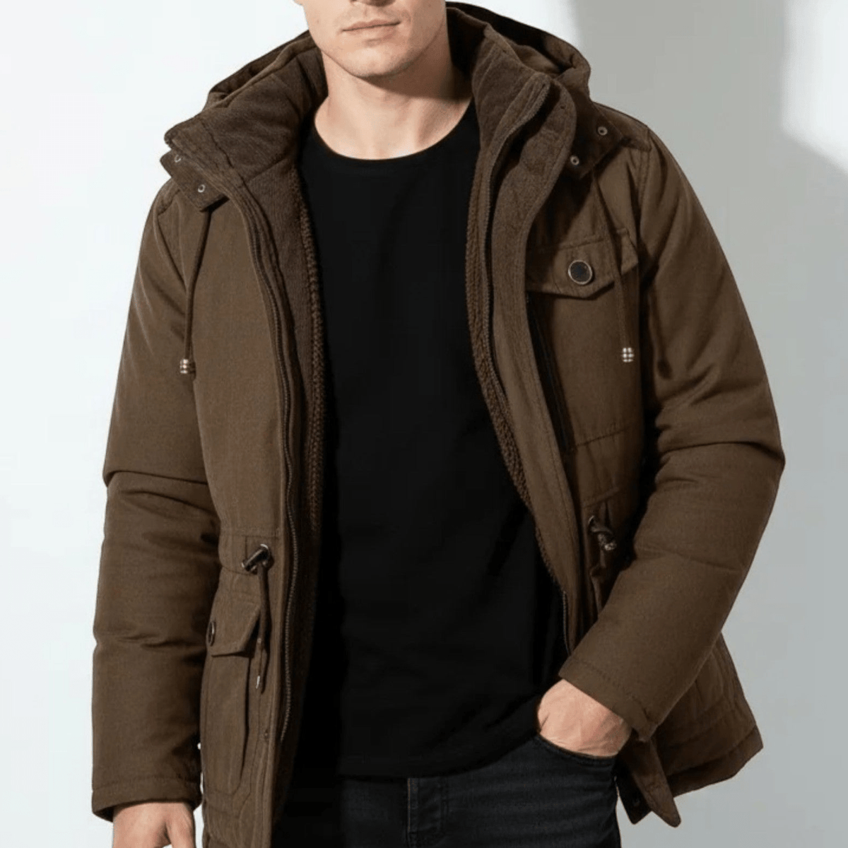 Men's Hooded Winter Parka with Multiple Pockets
