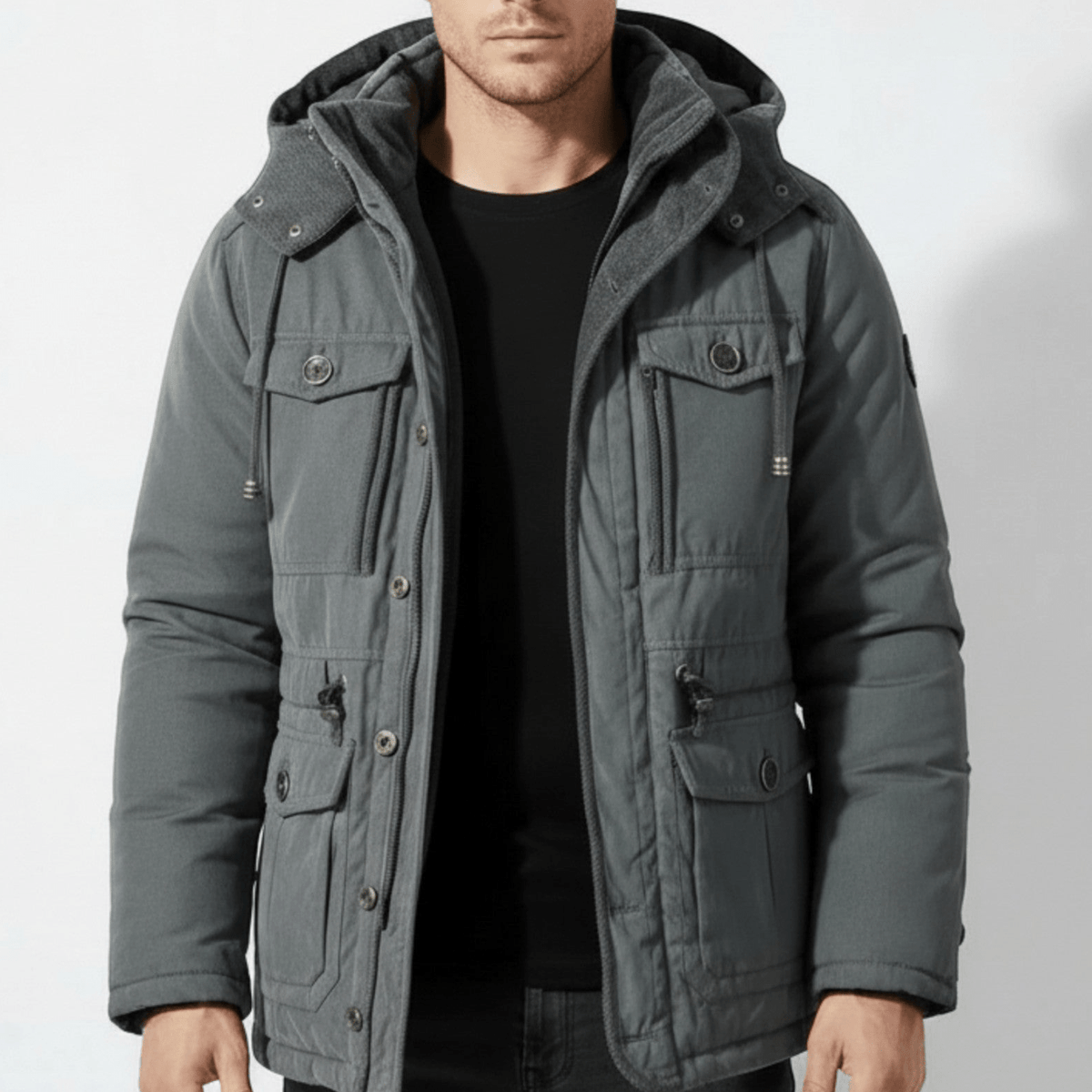 Men's Hooded Winter Parka with Multiple Pockets