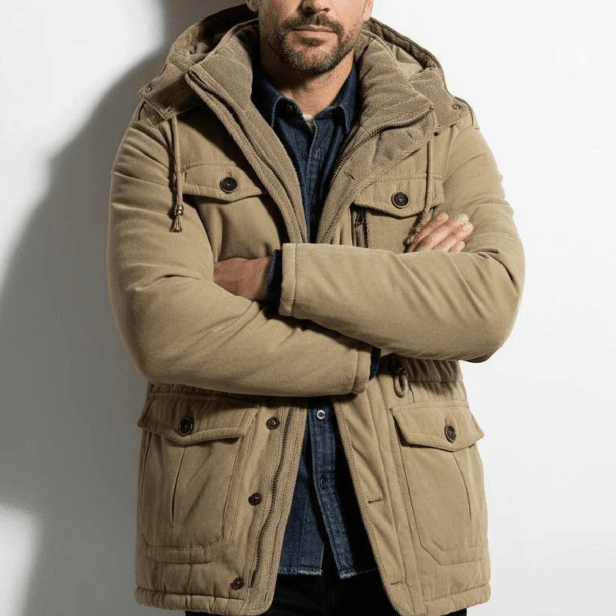 Men's Hooded Winter Parka with Multiple Pockets