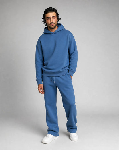 Blue oversized hoodie and jogger set for men by Ilynora, front view with relaxed fit and casual style