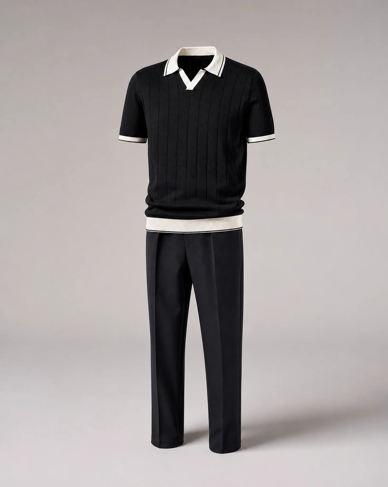 Men's black knitted polo and trousers set product display by ILYNORA