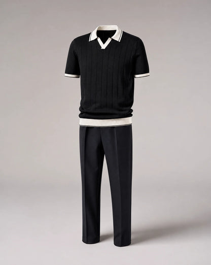 Men's black knitted polo and trousers set product display by ILYNORA