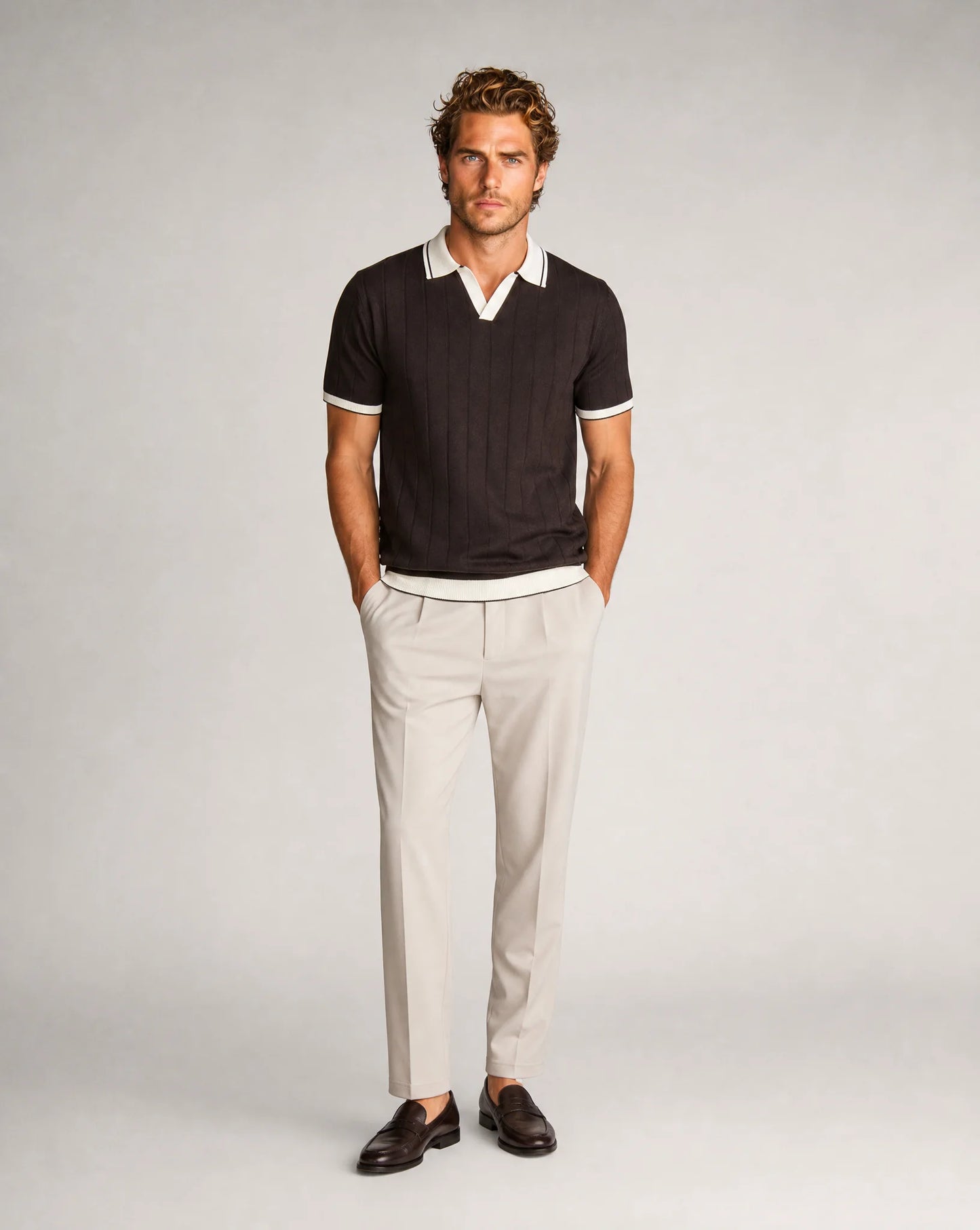 Men's brown knitted polo and trousers set by ILYNORA