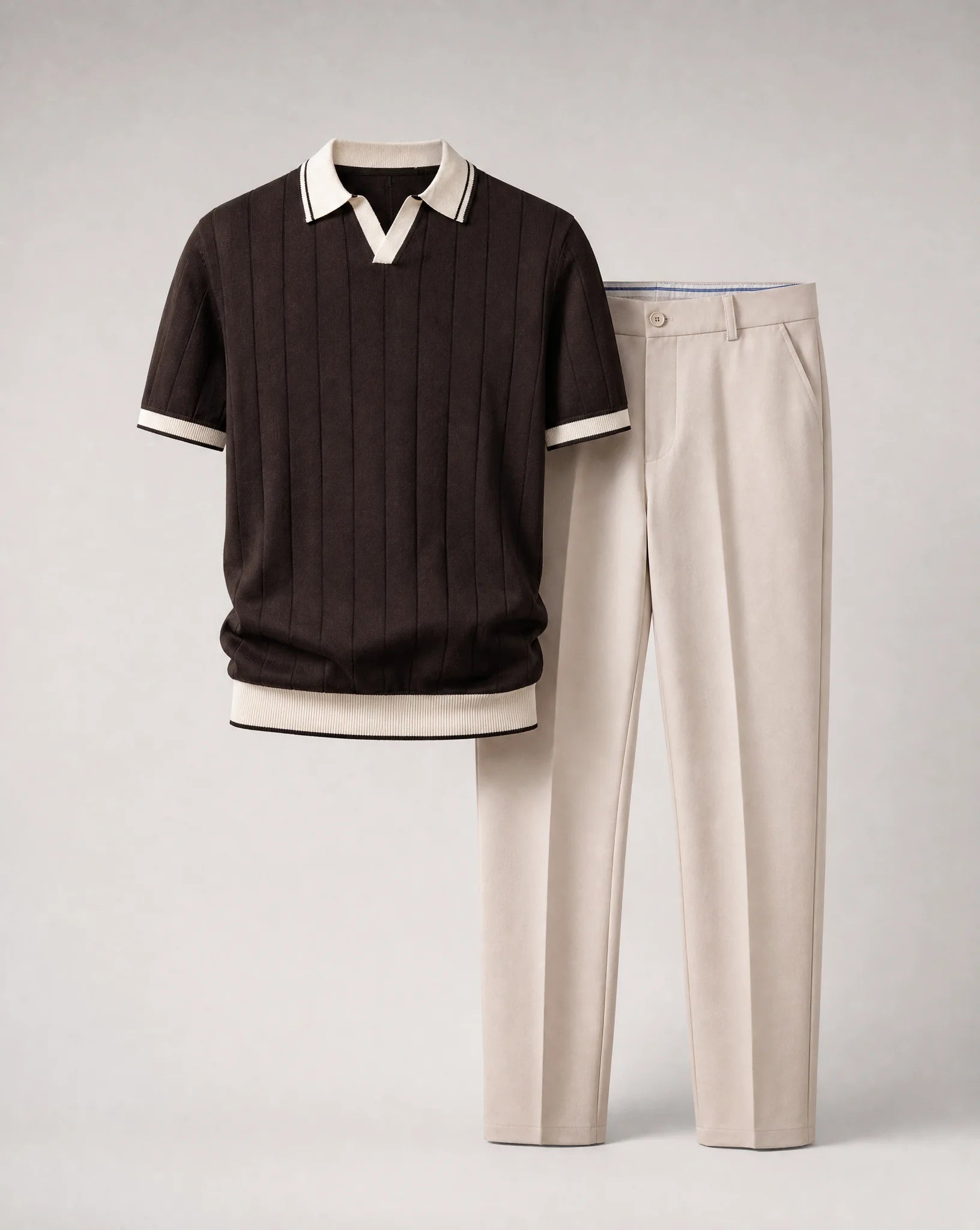 Men's brown knitted polo and trousers set product display by ILYNORA