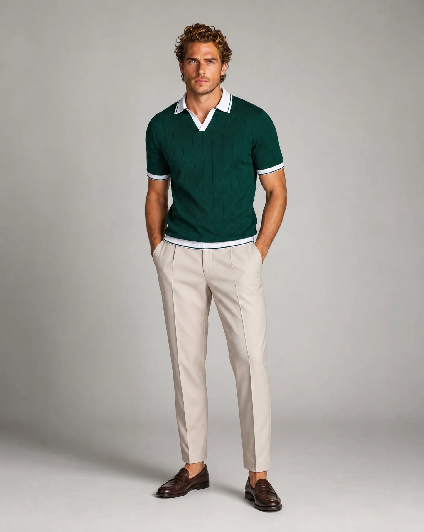 Men's green knitted polo and trousers set by ILYNORA