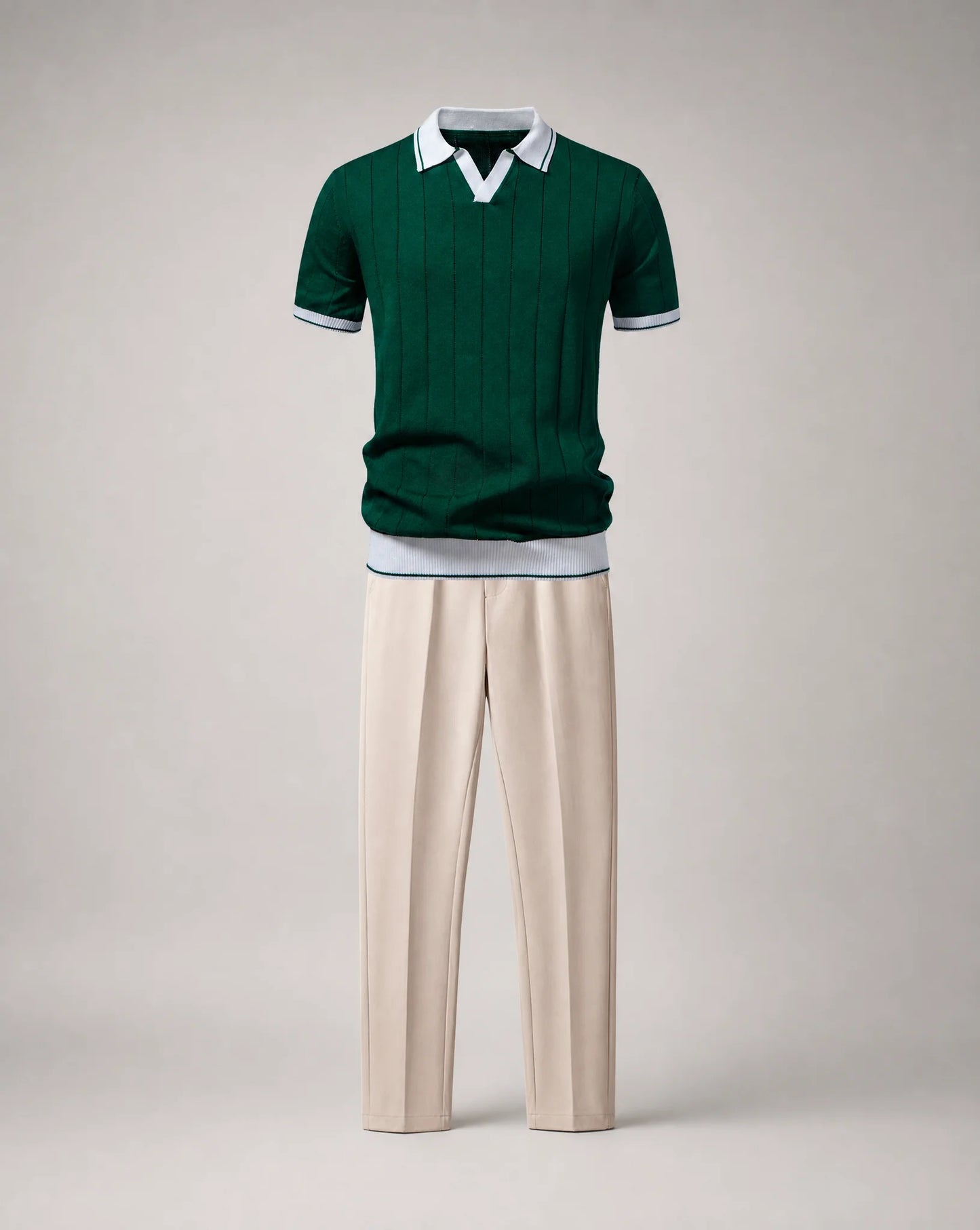 Men's green knitted polo and trousers set product display by ILYNORA