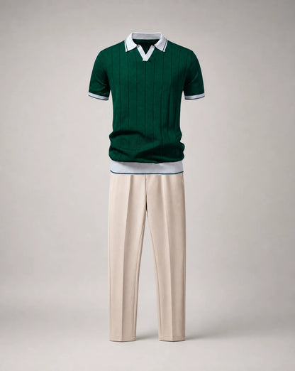 Men's green knitted polo and trousers set product display by ILYNORA