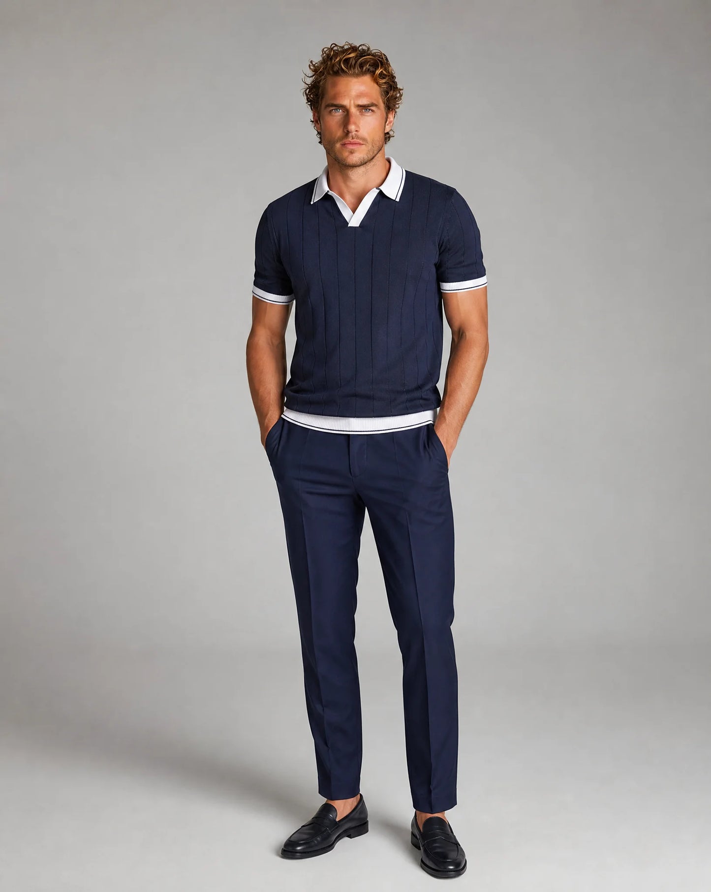 Men's navy blue knitted polo and trousers set by ILYNORA