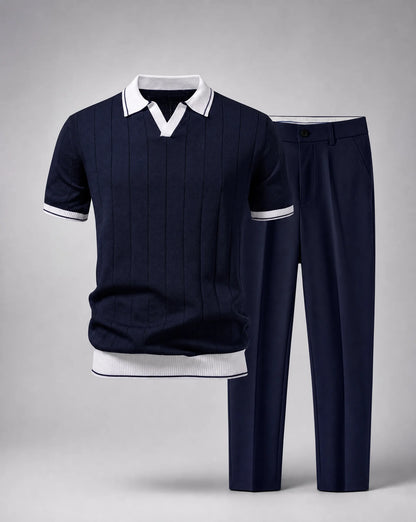 Men's navy blue knitted polo and trousers set product display by ILYNORA
