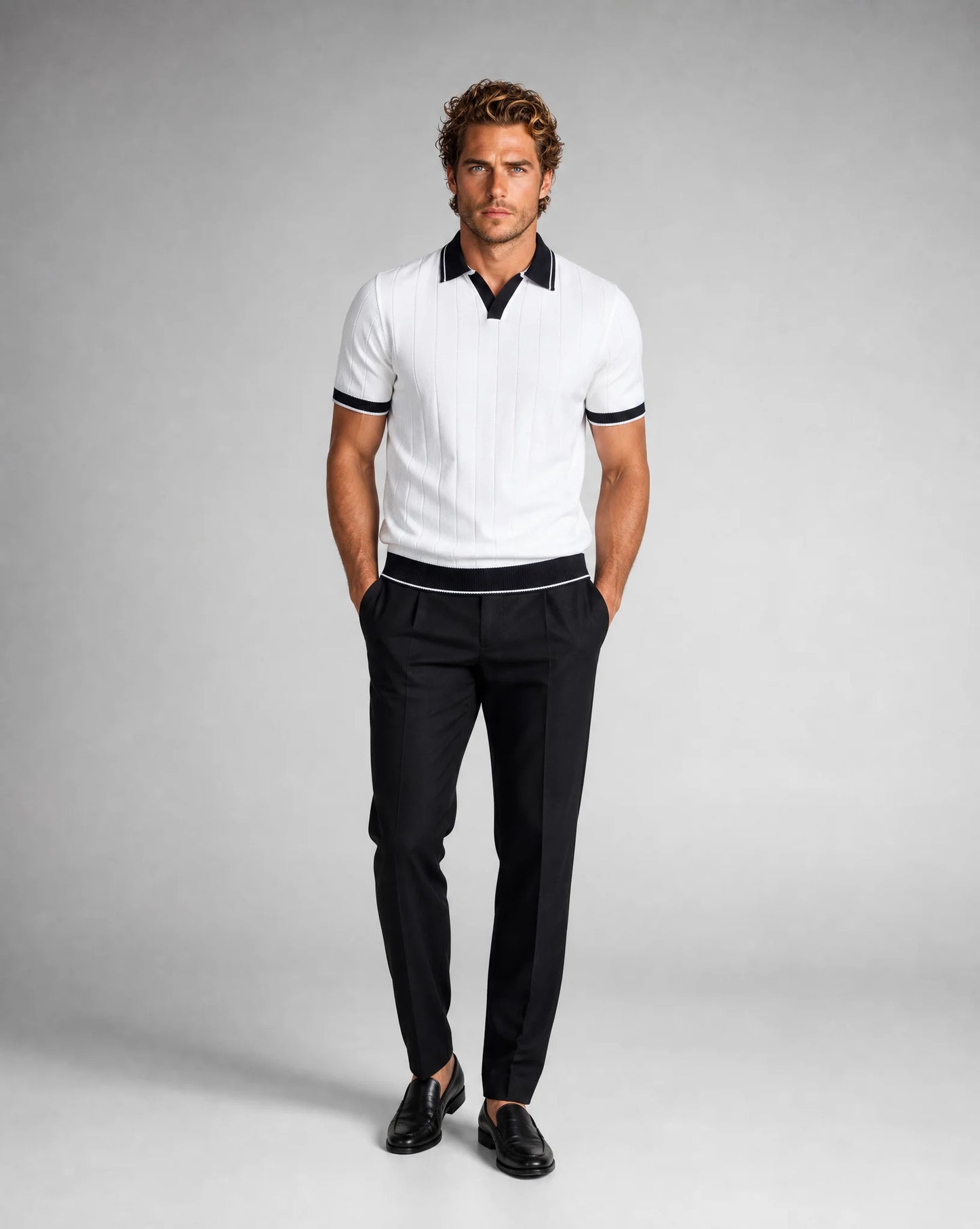 Men's white knitted polo and trousers set front view by ILYNORA