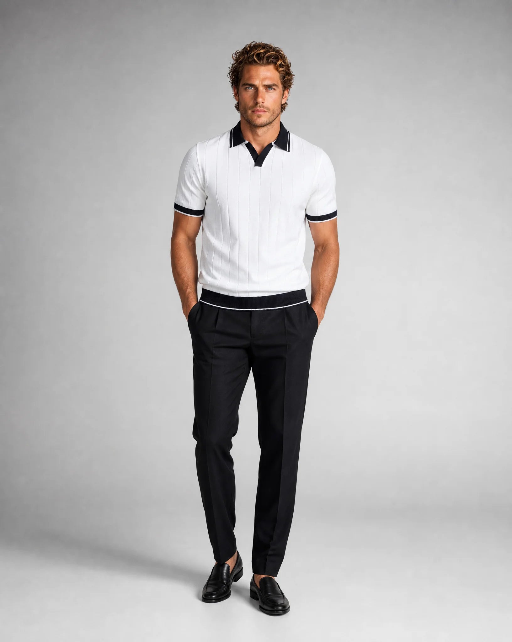 Men's white knitted polo and trousers set front view by ILYNORA