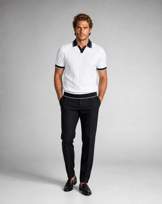 Men's white knitted polo and trousers set front view by ILYNORA