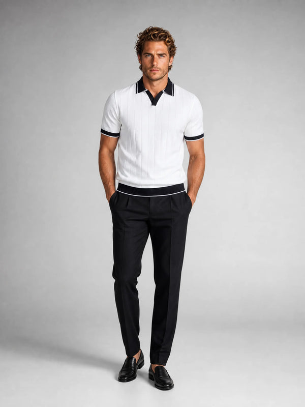 Men's white knitted polo and trousers set front view by ILYNORA