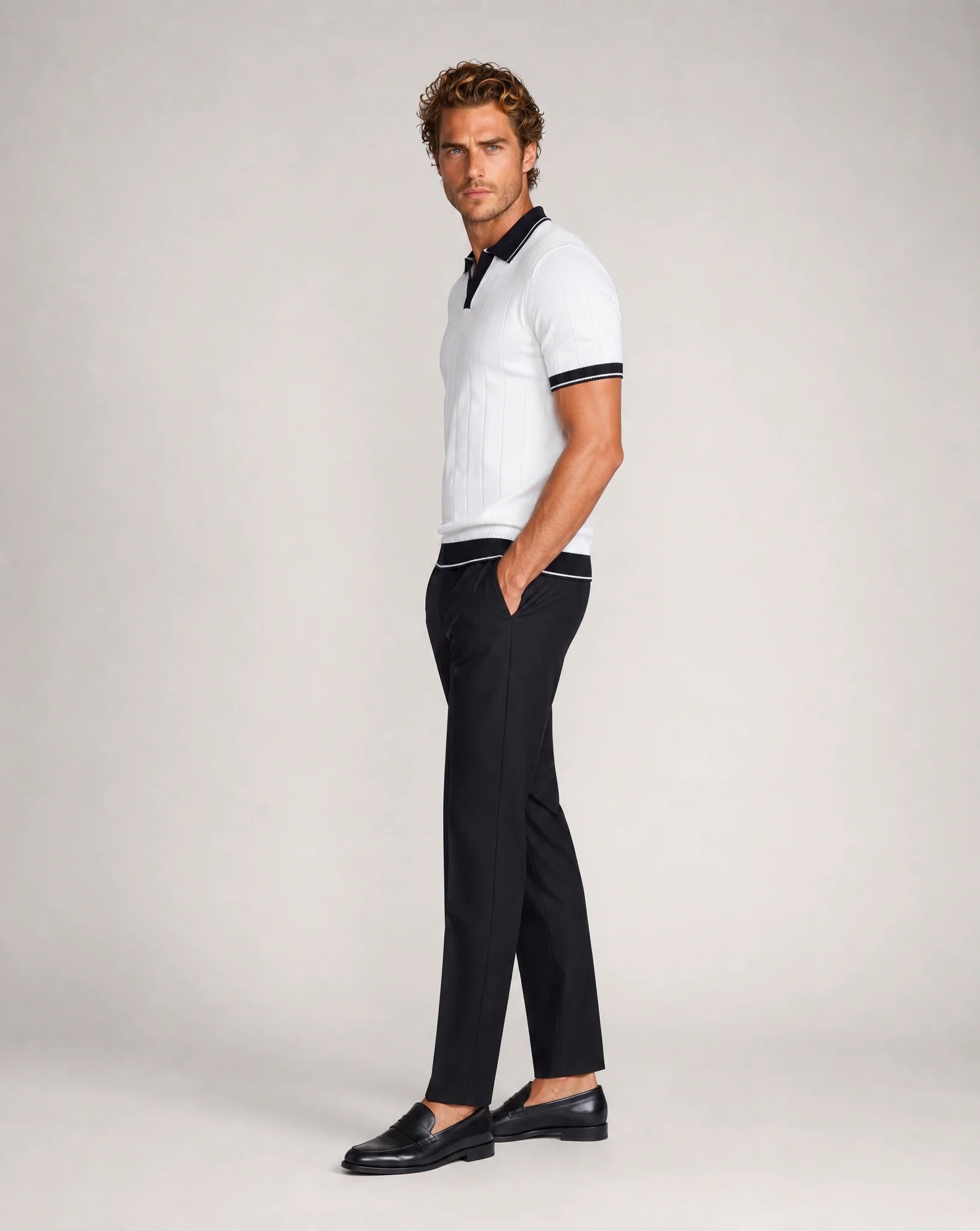 Men's white knitted polo and trousers set full outfit by ILYNORA