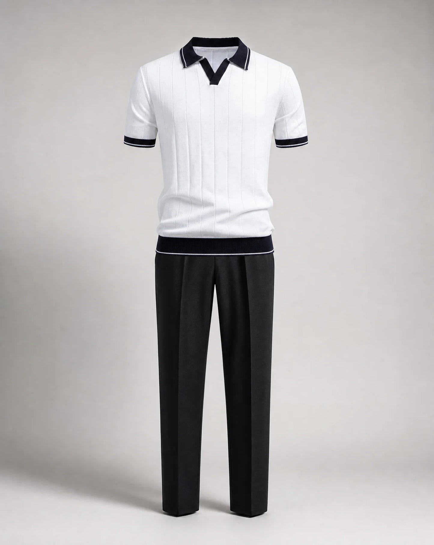 Men's white knitted polo and trousers set product display by ILYNORA