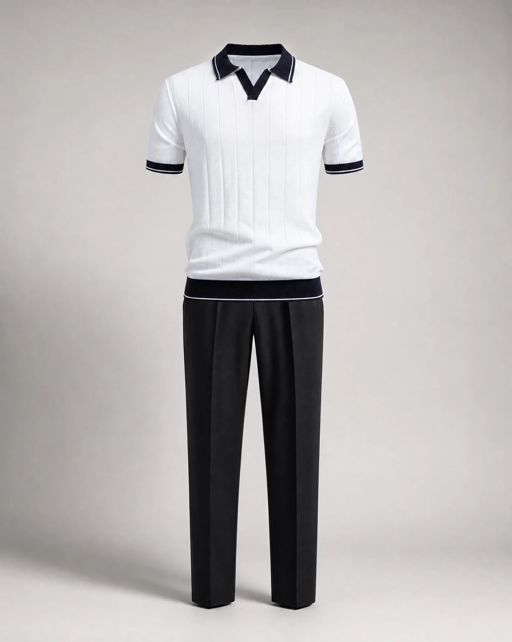 Men's white knitted polo and trousers set product display by ILYNORA