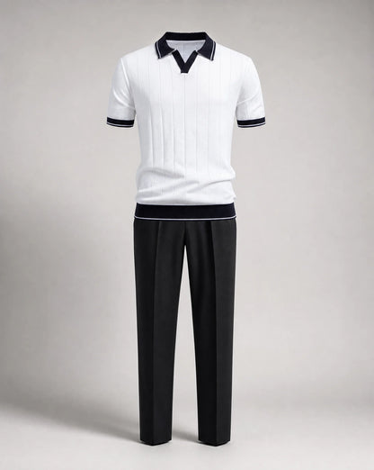 Men's white knitted polo and trousers set product display by ILYNORA