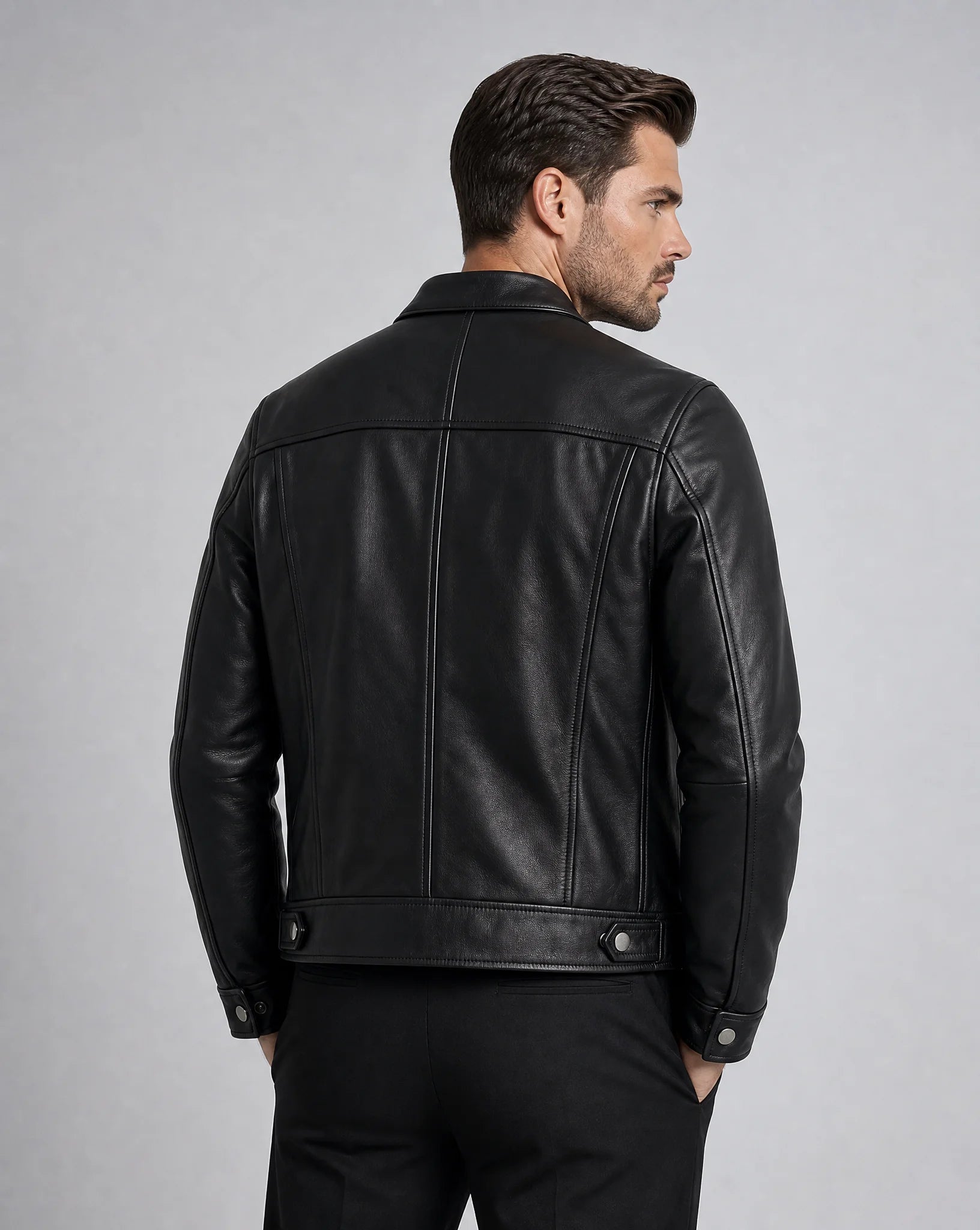 Men's black leather biker jacket with stand collar and sleek contemporary silhouette by ILYNORA