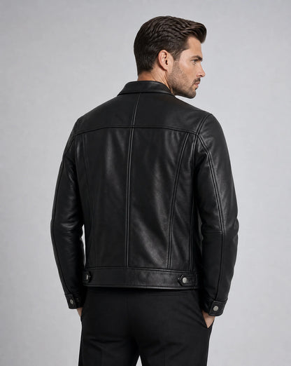 Men's black leather biker jacket with stand collar and sleek contemporary silhouette by ILYNORA