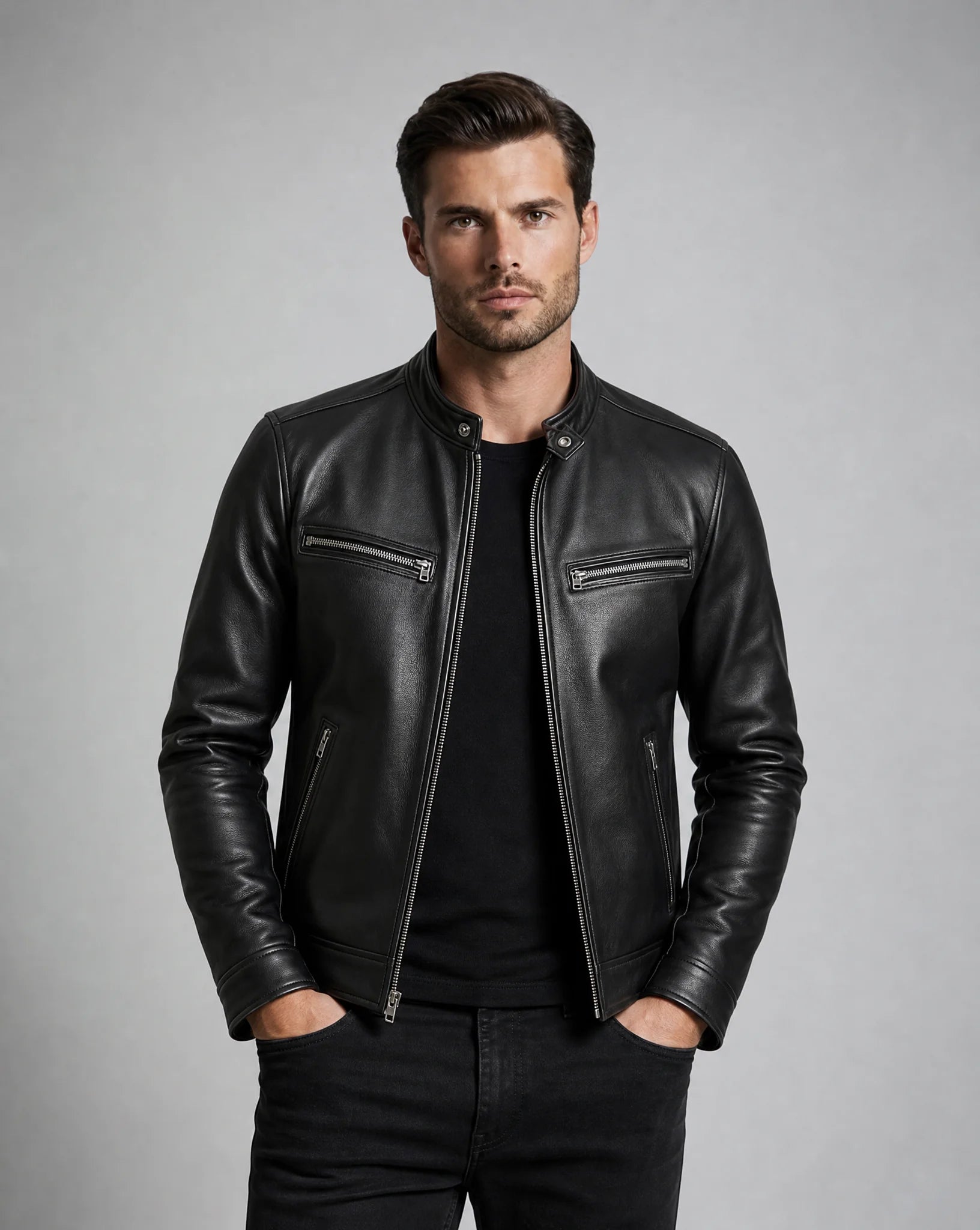 Men's black leather biker jacket with minimalist design and modern smart casual style by ILYNORA