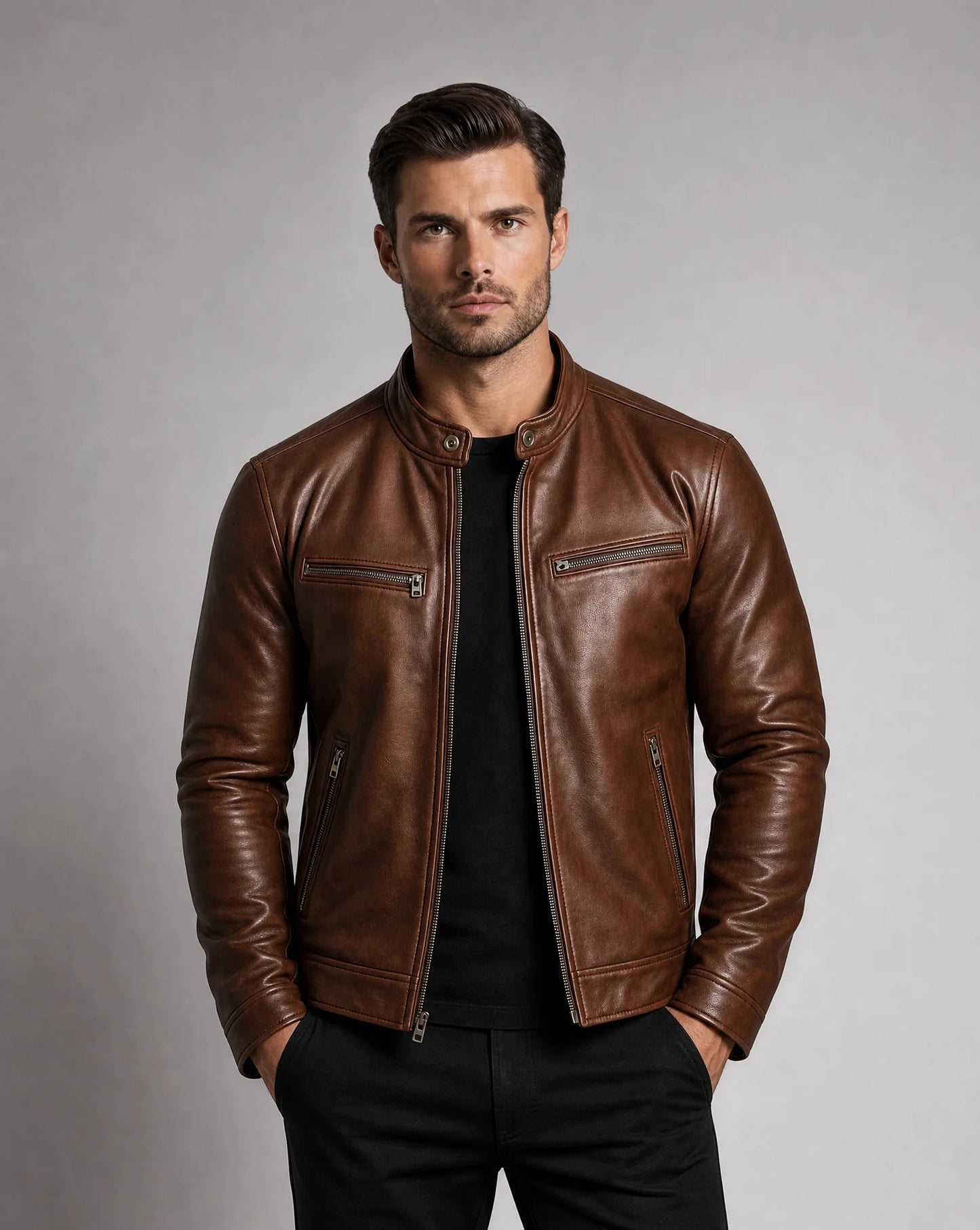 Men's brown leather biker jacket with premium finish and timeless everyday versatility by ILYNORA