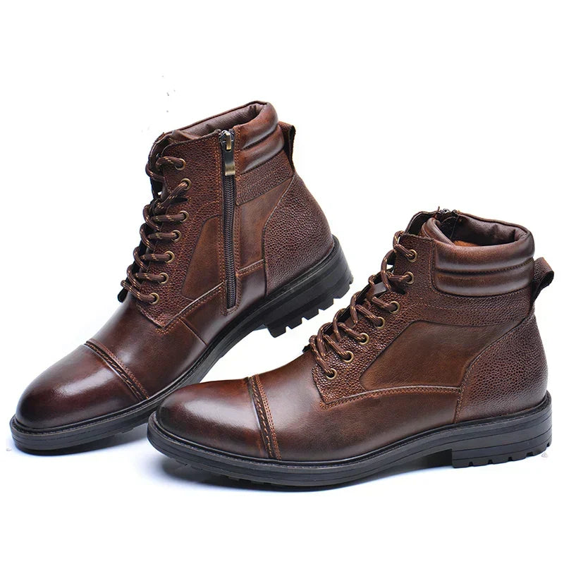 Men's Leather Boots with Side Zip and Laces