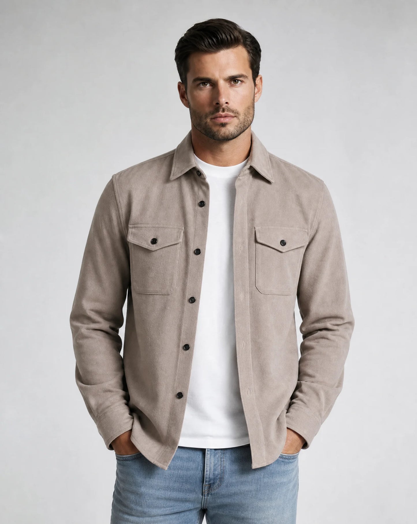 Men's light brown overshirt jacket with chest pockets, button fastening and lightweight smart-casual design by ILYNORA