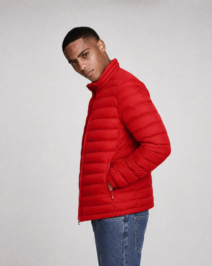 Men's red lightweight luxury summer jacket side view by ILYNORA