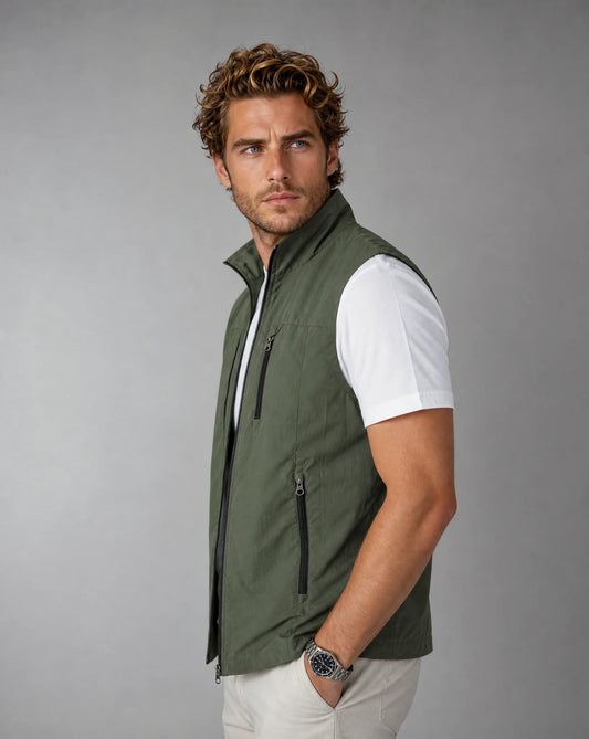 Men's green utility gilet vest with lightweight design and practical everyday comfort by ILYNORA