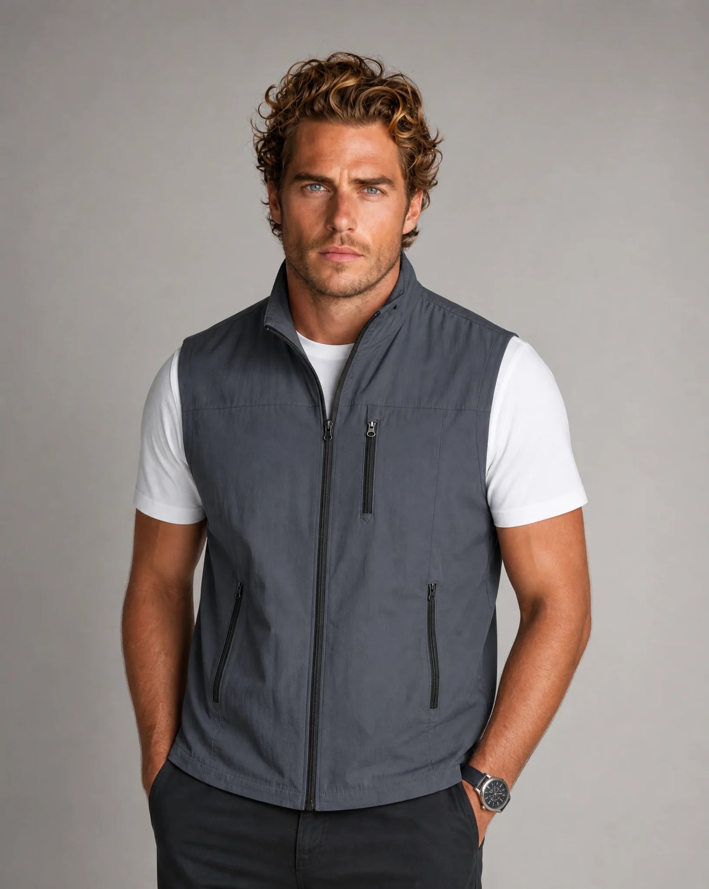 Men's grey lightweight utility gilet vest with functional zip pockets by ILYNORA