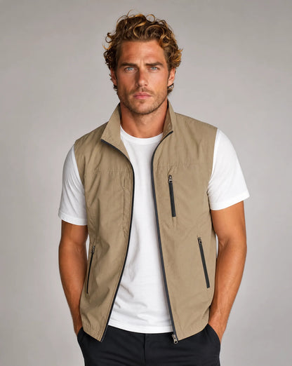 Men's khaki utility gilet vest with lightweight construction and smart casual style by ILYNORA