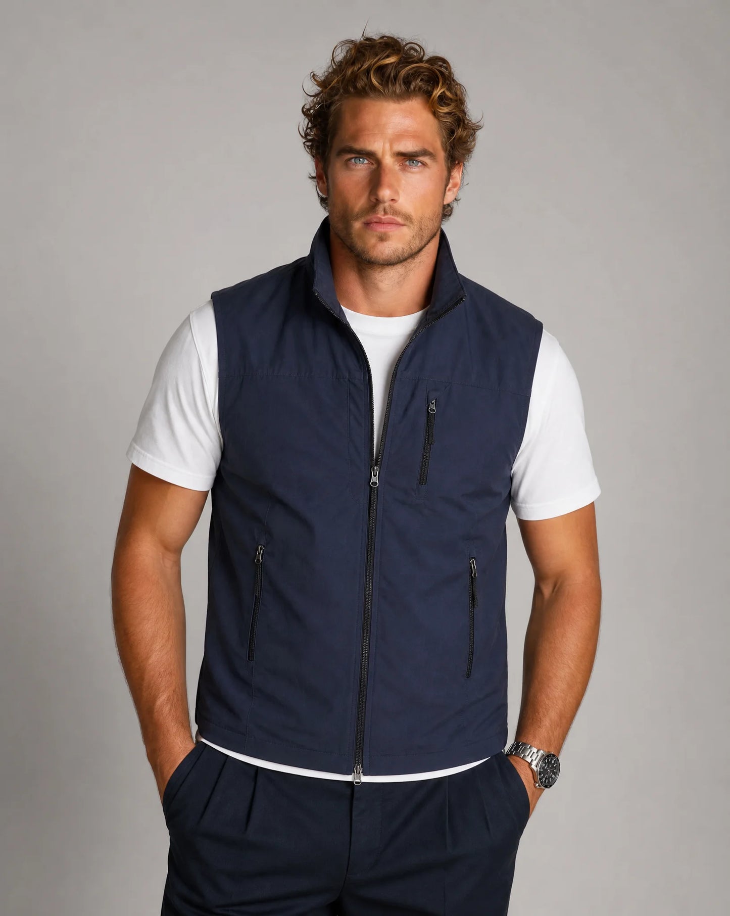 Men's navy blue lightweight utility gilet vest with modern layering design by ILYNORA