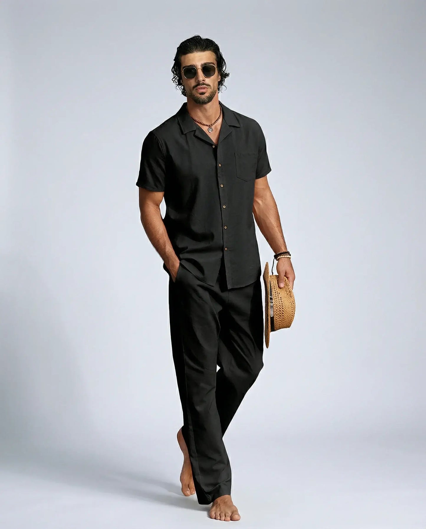 Black linen blend shirt and trousers set by Ilynora, front view with clean design and modern silhouette