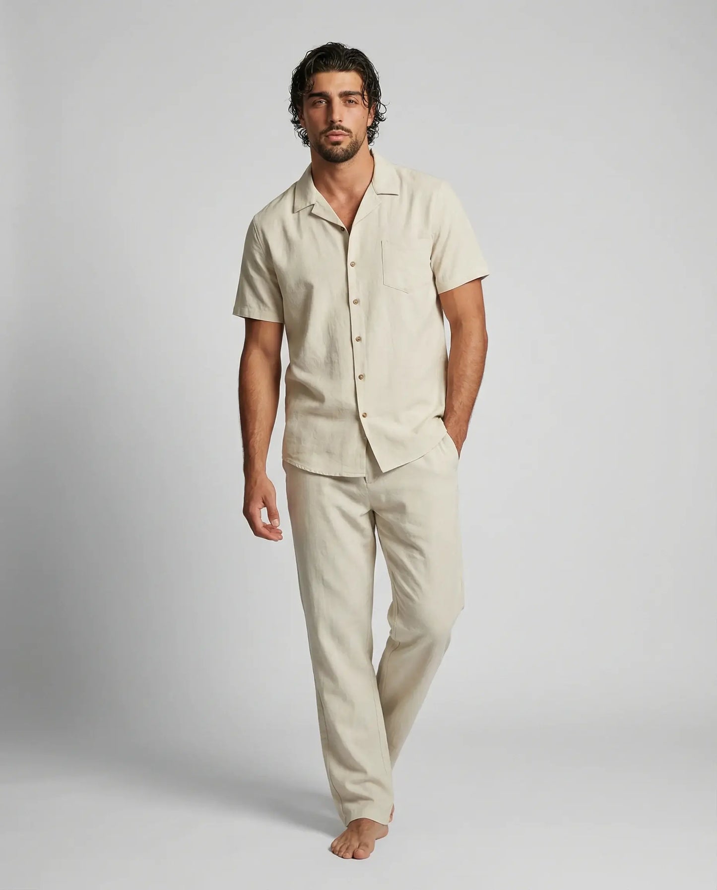 Men's linen blend shirt and trousers set in khaki by Ilynora, front view with relaxed fit and natural tone
