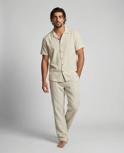 Men's linen blend shirt and trousers set in khaki by Ilynora, front view with relaxed fit and natural tone