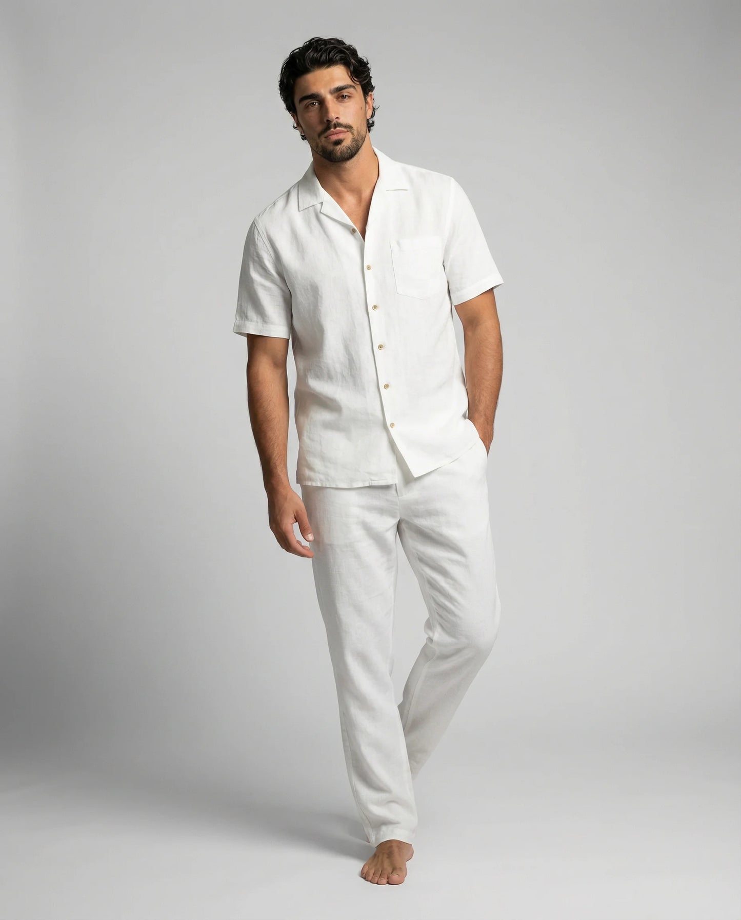 Men's linen blend shirt and trousers set in white by Ilynora, front view with relaxed fit and breathable fabric
