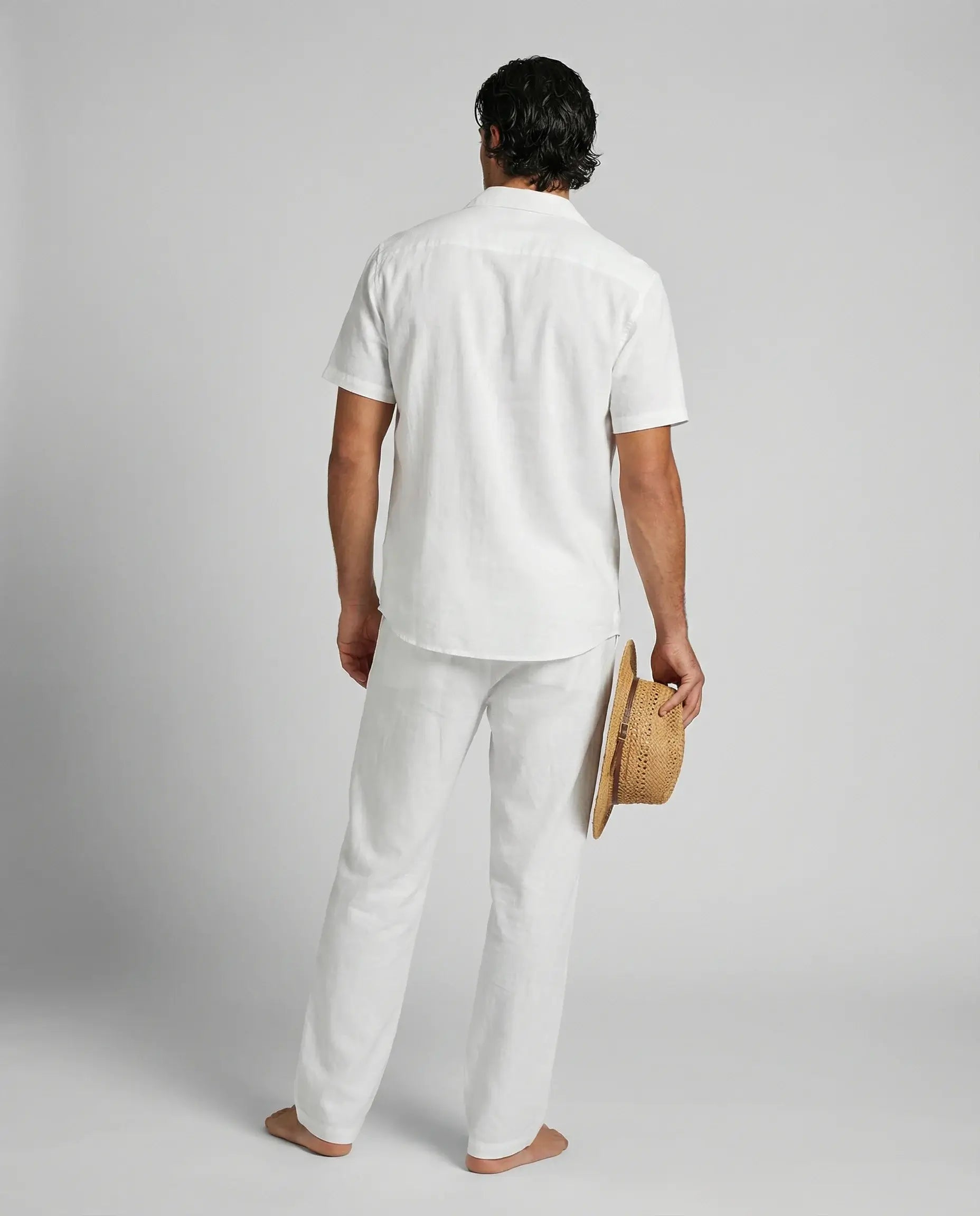White linen blend set by Ilynora, back view highlighting clean silhouette and lightweight material