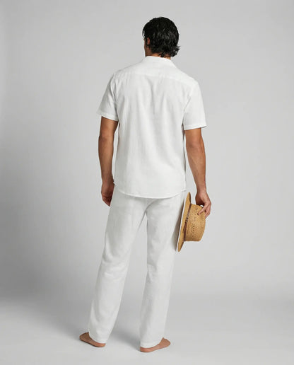 White linen blend set by Ilynora, back view highlighting clean silhouette and lightweight material