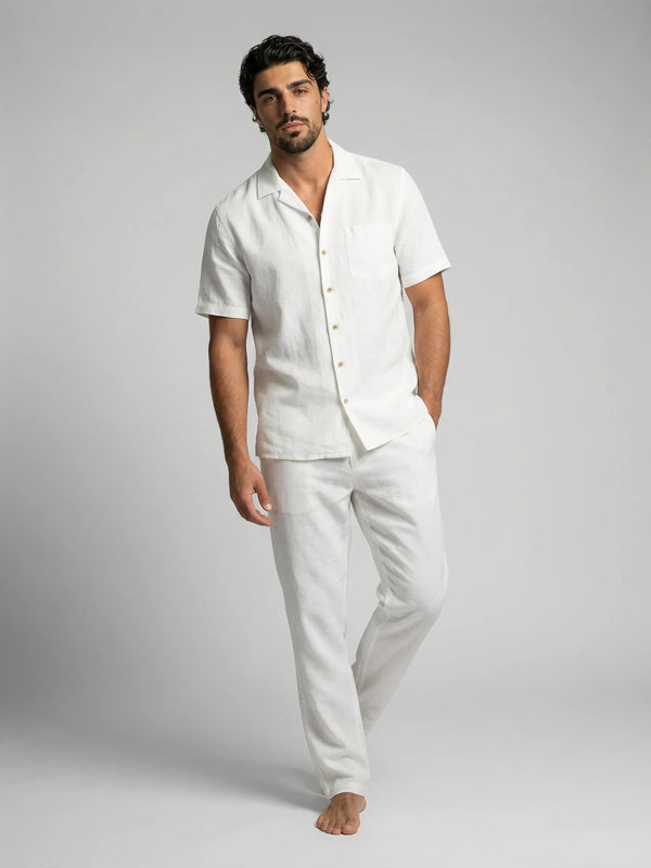 Men's linen blend shirt and trousers set in white by Ilynora, front view with relaxed fit and breathable fabric